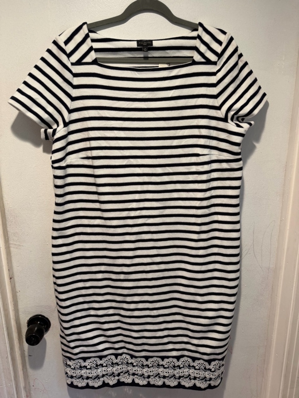 Talbots Navy Blue And White Striped Dress with Lace Hem